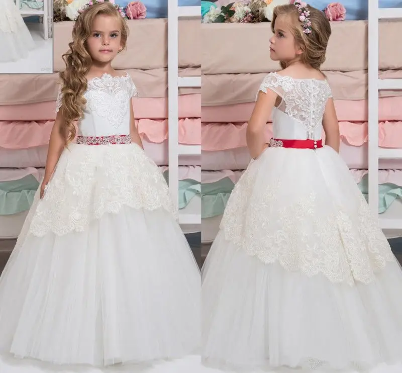 

Pageant Red Beading Sash Ball Gown Flower Girl Dresses Kids First Communion for Party Wedding Floor Length Girl Dresses