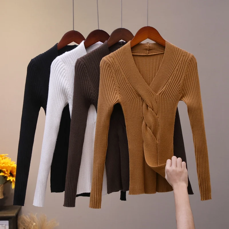 

Весенний и осенний период и серия han с длинным рукавом и v-образным вырезом Нити плотно свитер-пальто тонкая женская обувь