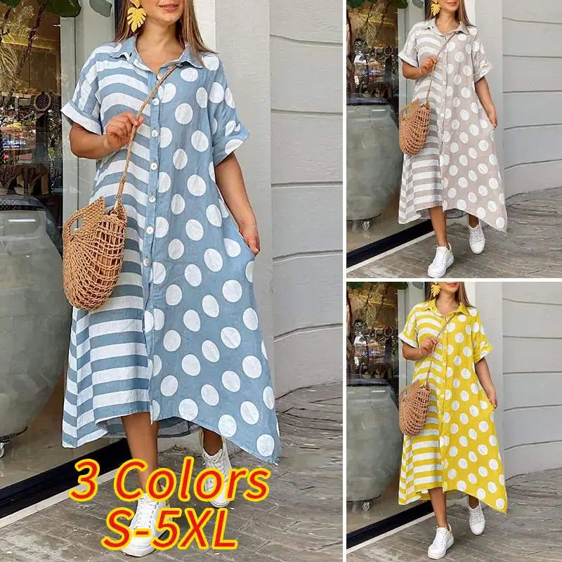 

Women Asymmetric Dress 2021 VONDA Vintage Lapel Collar Button Up Long Printed Maxi Dress Casual Short Sleeve Vestido Oversized