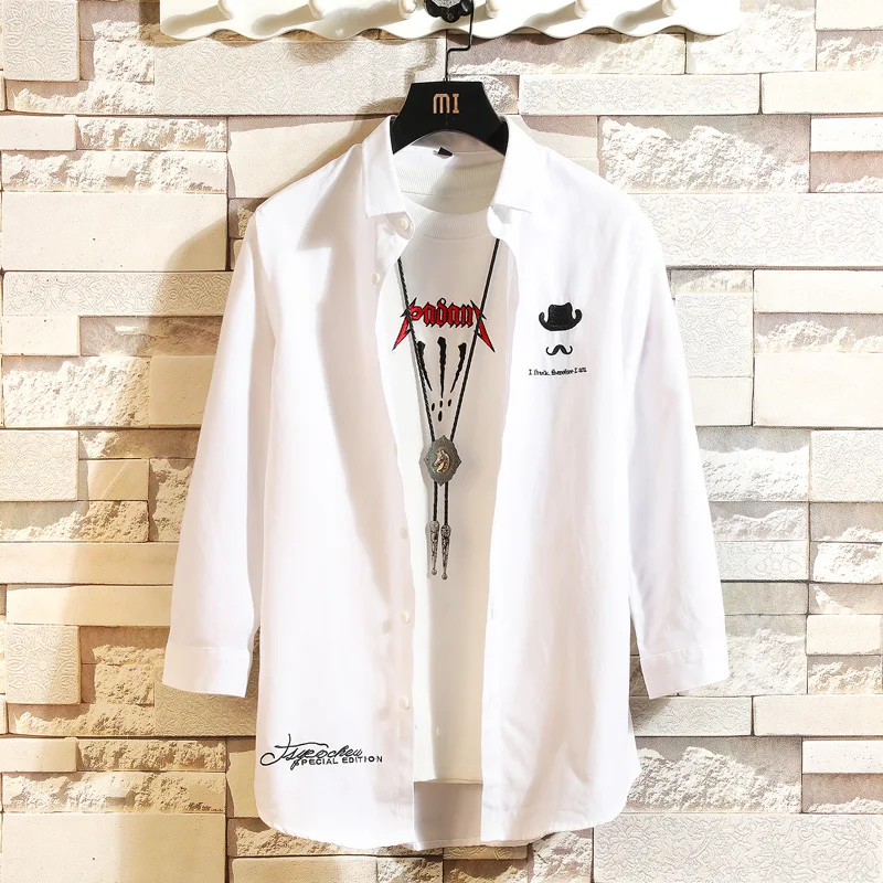 

2021 summer seven-minute sleeve shirt for men short-sleeved slimming Korean edition trend in sleeve inch shirt 7 minute clothes