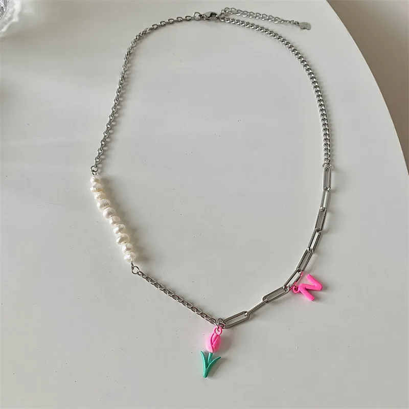 

LOVOACC Hip Hop Pink Color Cartoon Flowers Letter Pendant Necklace for Women Ladies Natural Pearl Patchwork Necklace Accessories