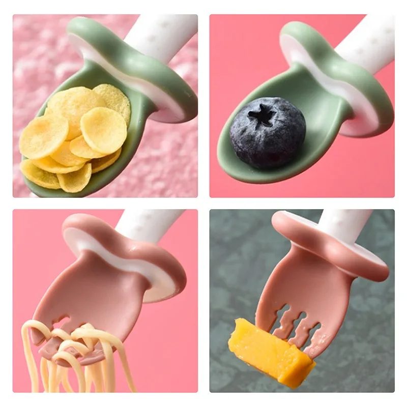 

Baby Training Soft Head Spoon and Fork Food Grades PP+TPE Tableware Set Short Handle Kids Spoon Fork Set BPA Free Kitchen Tools