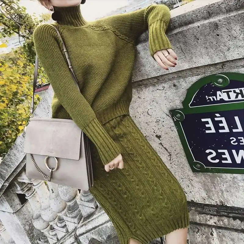 Women Twist Knitted 2 Piece Set Long Sleeve Turtleneck Pullover Sweater + Split Pencil Skirt Lady Runway Knitting Suit | Женская одежда
