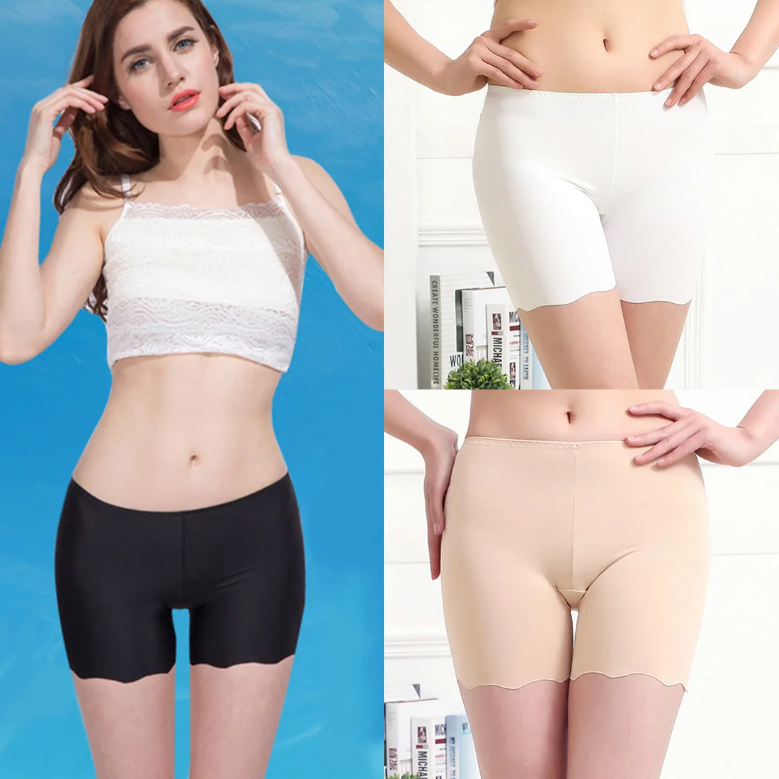 

Women Sexy Boyshort Washable Seamless Tight Ice Silk Underwear Summer High Waist Anti Curl Safety Short Pant