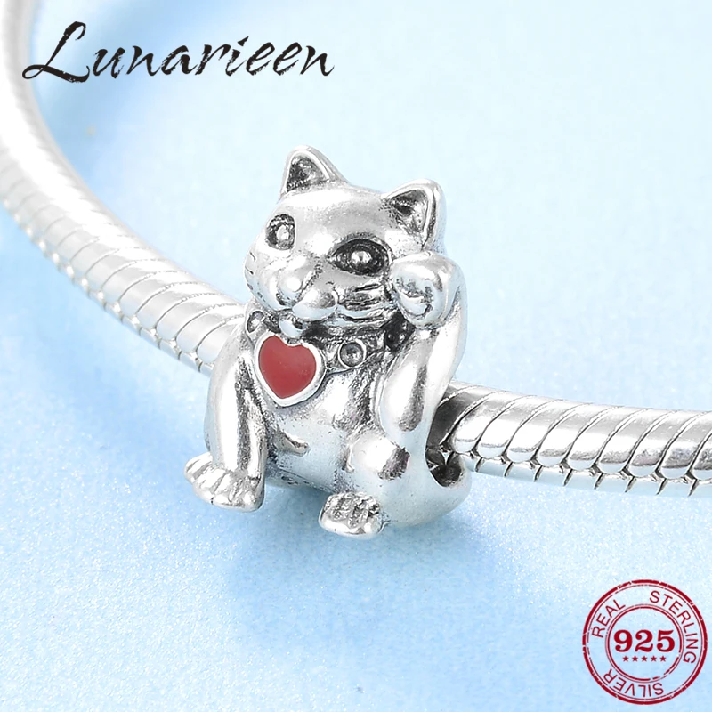 Серебро 925 пробы Модный китайский стиль счастливый кот Красная любовь эмаль
