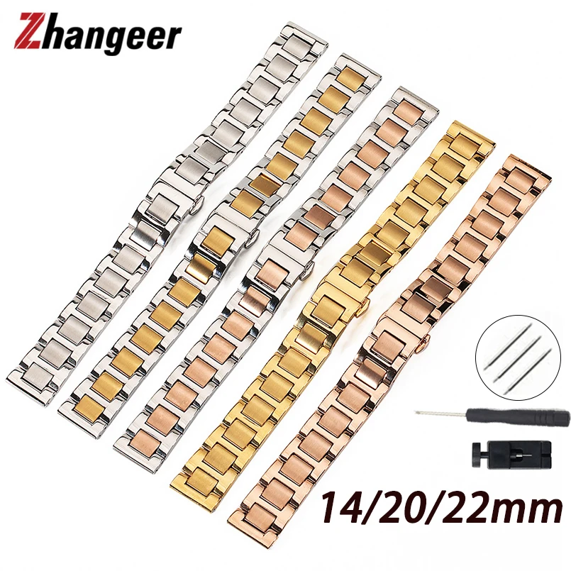 Solid 316L Stainless Steel Watchband 14mm 20mm 22mm Strap Universal Metal Band Butterfly Buckle Siliver Rose Gold Wrist Bracelet enlarge