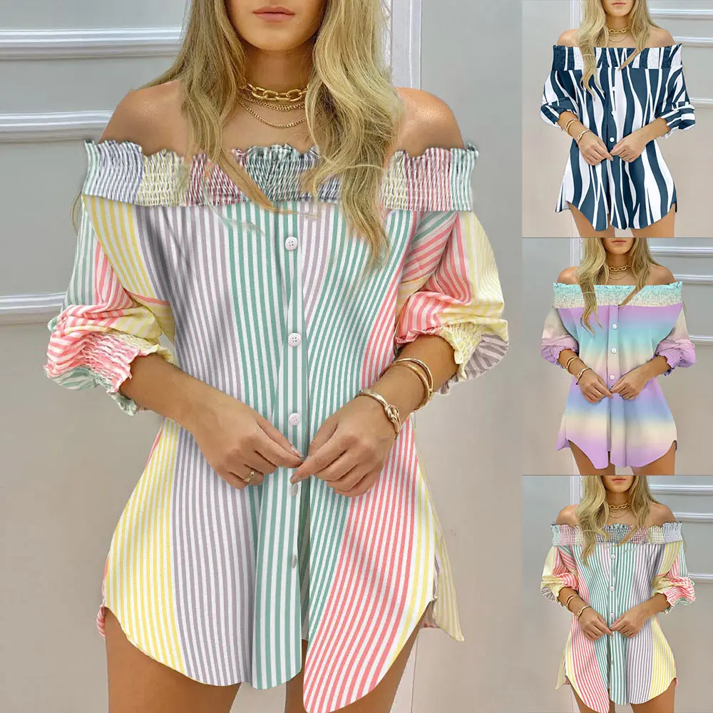 

2021 New Women Sexy Off Shoulder Blouses Elegant Long Sleeve Striped Print Casual Shirts Fashion Button Irregular Hem Tops D30