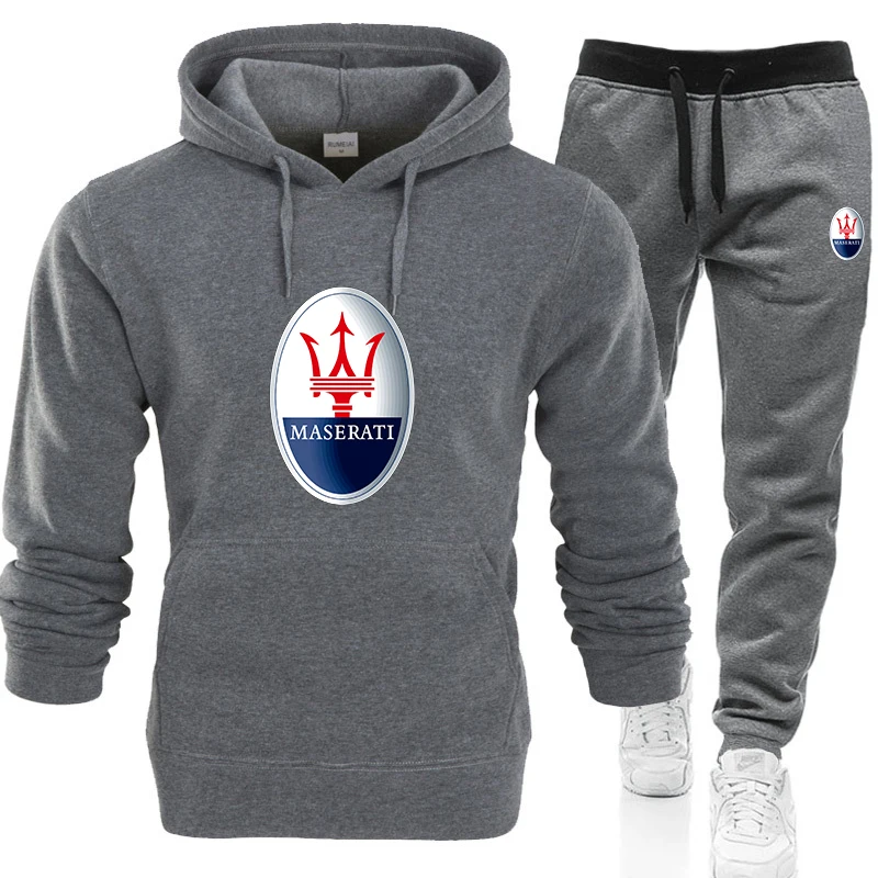 

2 Pieces Sets Tracksuit Men Hooded Sweatshirt+pants Pullover MaseratiCar logo Print Hoodie Sportwear Suit Casual Men Clothes