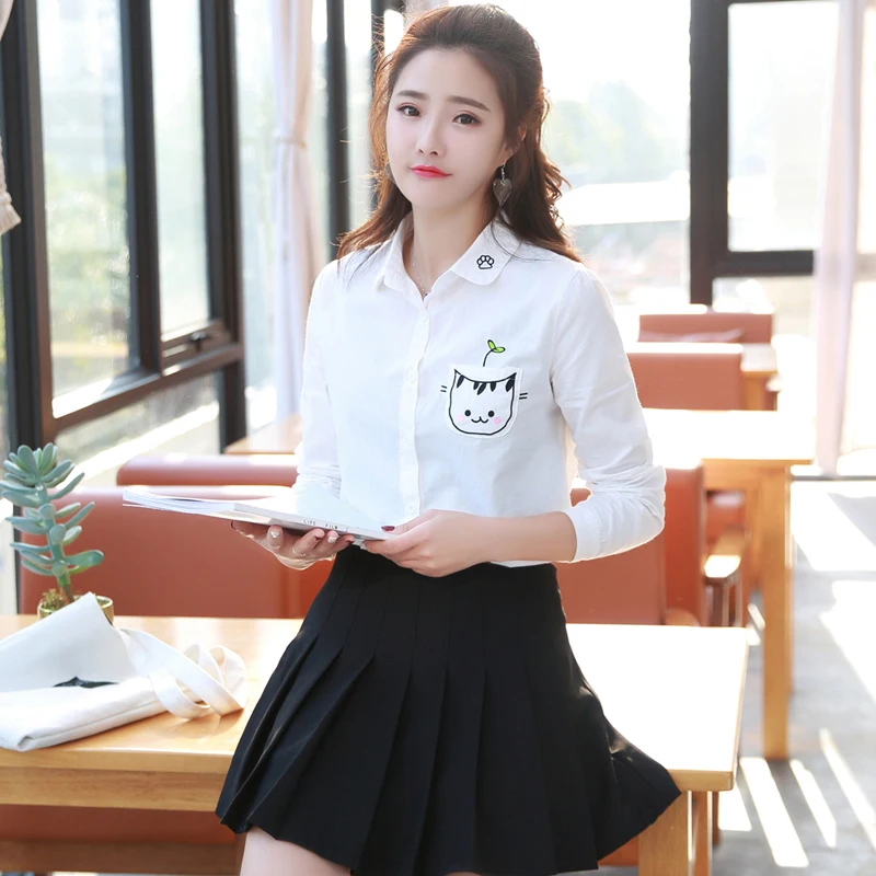 Женские блузки с длинным рукавом 100% algodão dos desenhos animados gato branco topos menina blusas