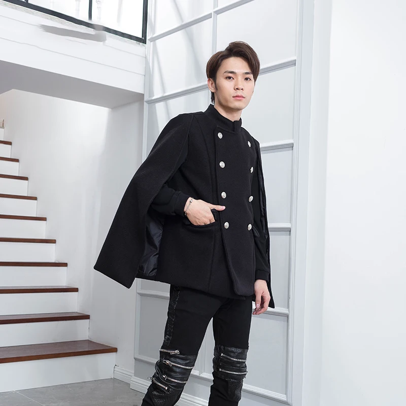 

Slim Fake Two-piece Collar Cloak Shawl Cloak Tide Male Personality Woolen Coat Short Winter Coat Korean Version Clothing Coat