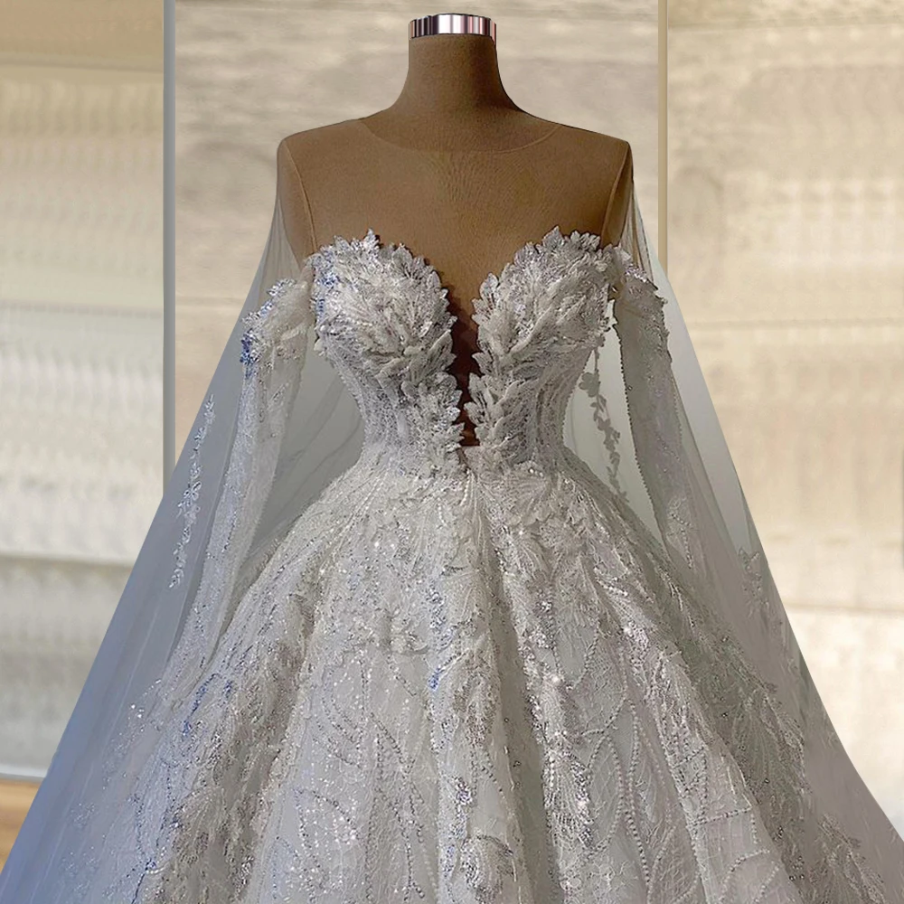 

Dubai Sheer Long Sleeves Wedding Dress With Appliques White Lace Ball Gown Sweetheart Bridal Dresses Custom Made Robe De Mariee