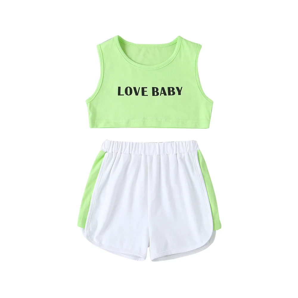 

2020 Summer Children Sets Casual Cute Sleeveless O Neck Letter Tops Patchwork Shorts Baby Girl And Boys Clothes Sets