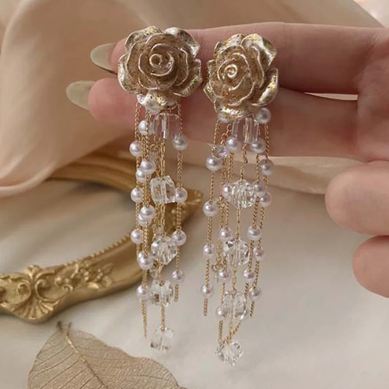

Vintage Rose Flower Imitation Pearl Long Tassel Earring Shiny Earring for Women Fashion Jewelry Party Wedding Bride Gifts