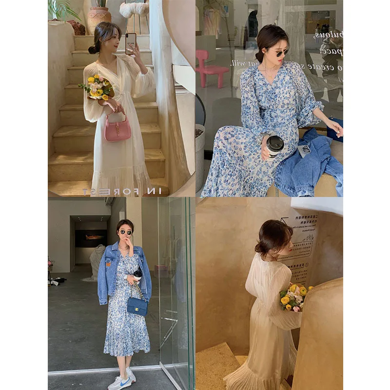 

Summer Vintage French Style Miodi Dresses for Women Chiffon Floral Print V-neck Spring and Sumemr Dress Vacation Beach Outfits