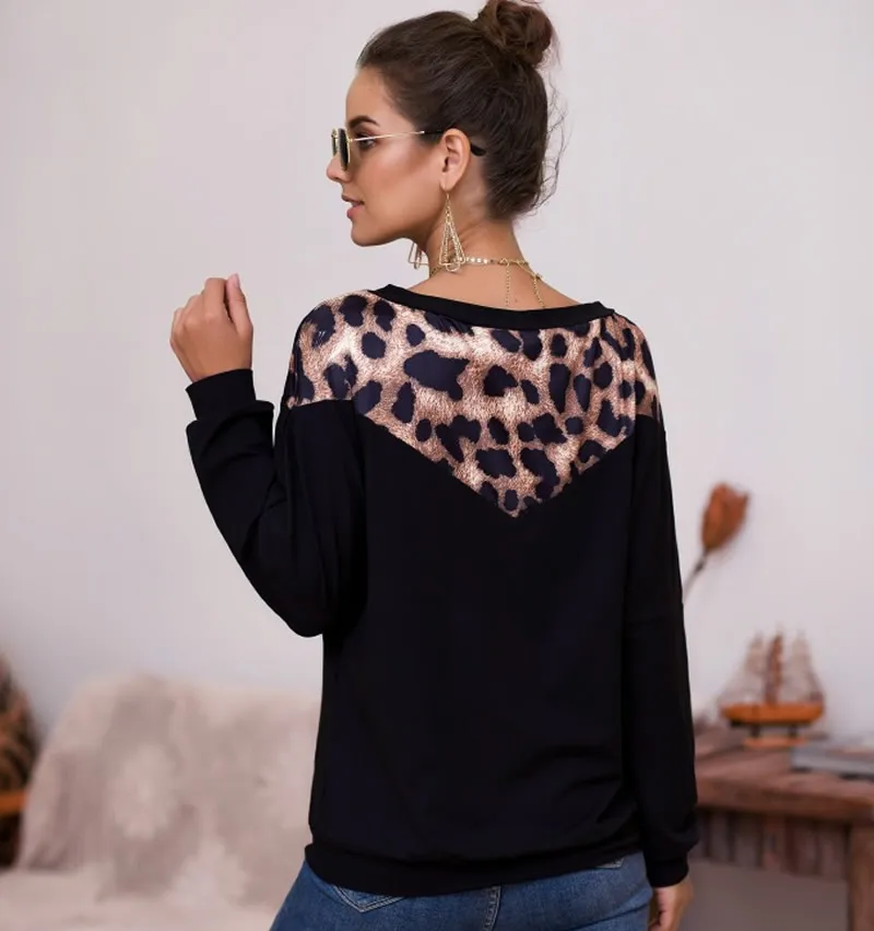 Women Long Sleeve T-Shirt Fashion Loose Thermal Leopard Patchwork Autumn Shirt Vintage Style Different Size For Choice | Женская одежда