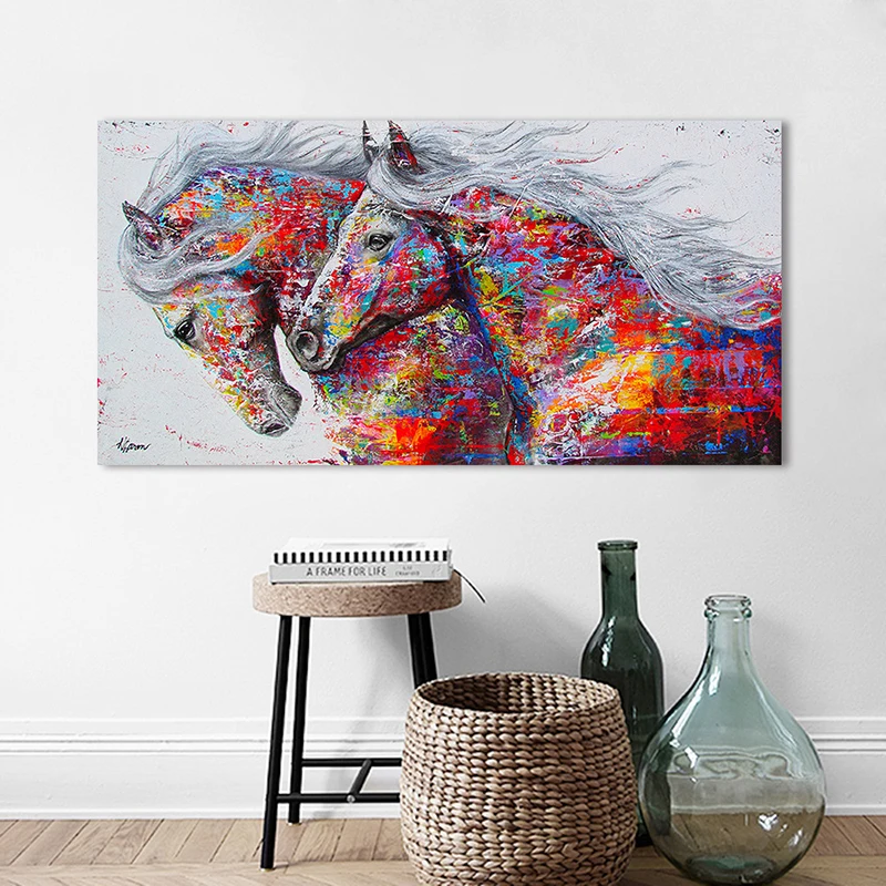 

Animal Graffiti Art Two Running Horses Canvas Painting Wall Pictures for Living Room Wall Art Prints and Posters Home Wall Decor