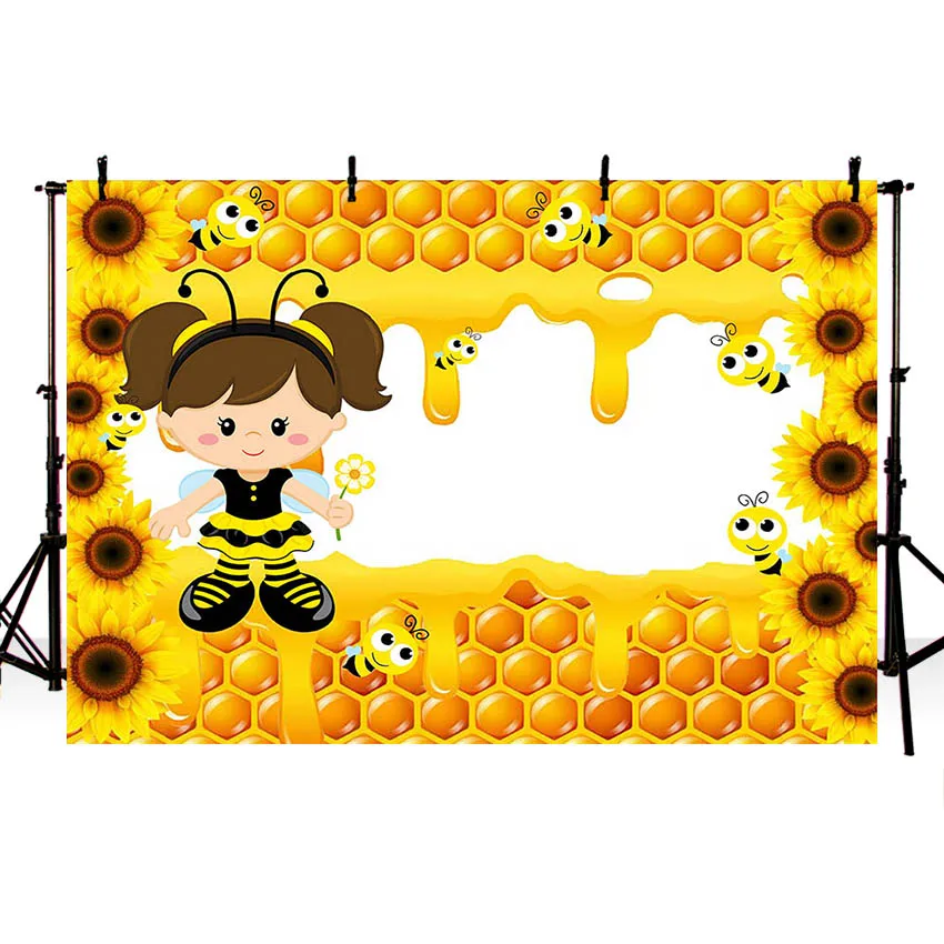 

Vinyl Background Photography Yellow Sunflowers Cute Bee Honey Background Baby Shower Photo Studio Backdrop