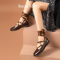 beautoday ballet flats women cow leather ankle cross tied square toe lolita shoes female mary janes handmade 28242