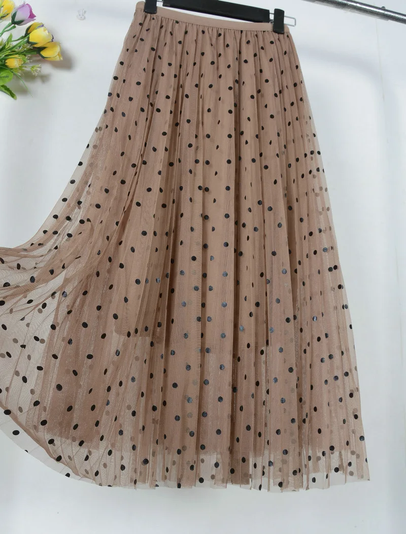 Весенне-Летние Плиссированные Длинные сетчатые юбки в горошек с эластичной