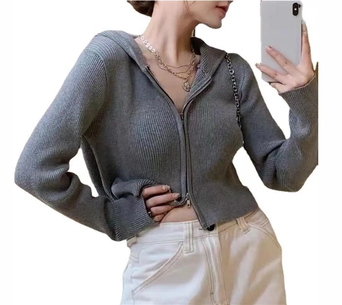 

Streetwear Women Casual Knit Cardigan Hooded Jacket Zipper Coat Knitwear Slim Fit Solid Top Long Sleeve Outwear Fashion Clothes