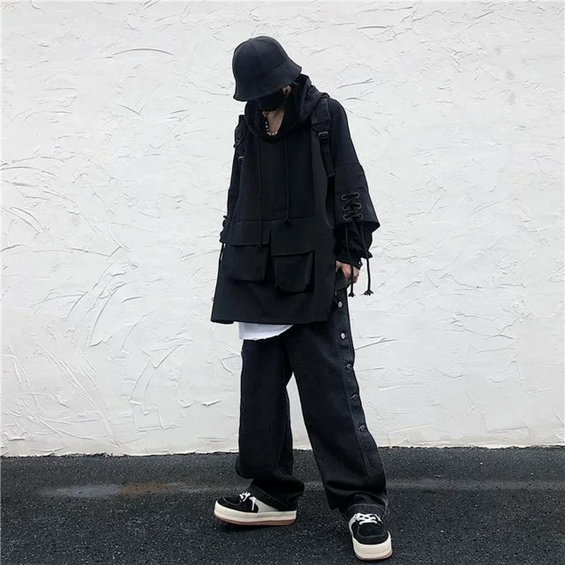 Толстовка HOUZHOU Techwear мужская с капюшоном черная худи готическая одежда темного