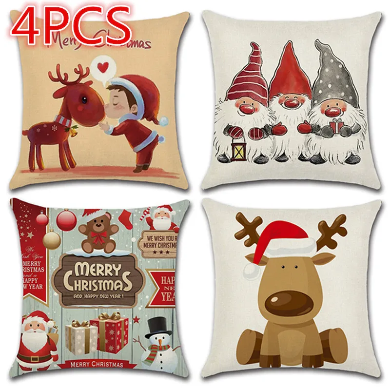 

4pcs New Pillow Case Santa Claus Print Sofa Bed Home Decor Pillowcase Bedroom Cushion Cover Christmas Valentine's Day 45x45 Cm