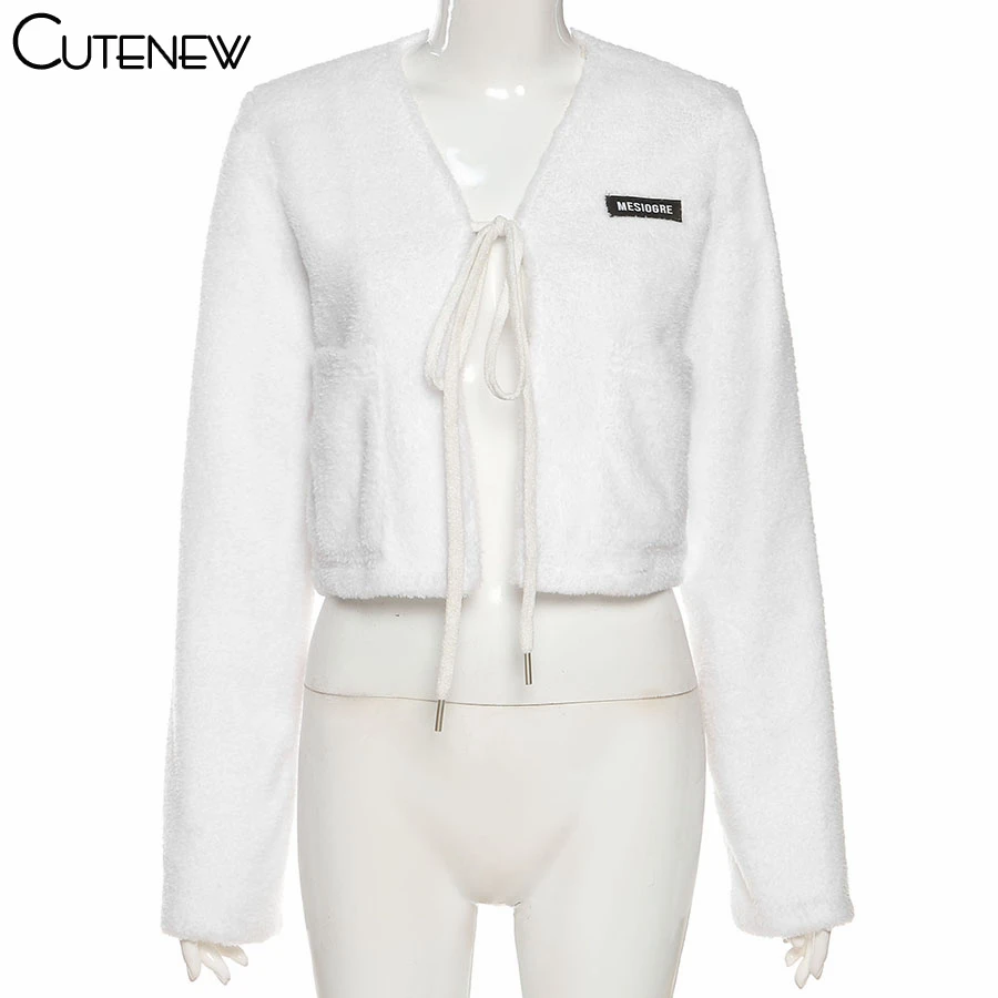 

Cutenew New Y2K Fashion Suede White Long Sleeve Bandage Women's Crop Tee-shirt 2021 Spring Casual Harajuku Women's Street Tops