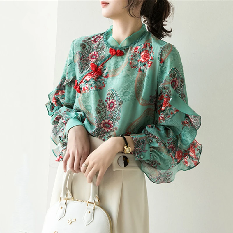 Женская шифоновая рубашка в китайском стиле элегантная винтажная с цветочными