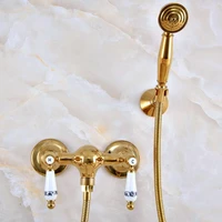 luxury polished gold color brass bathroom hand held shower head faucet set mixer tap dual ceramic handles mna983