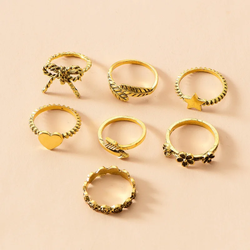 

7pc Fashion Retro Vintage Heart Ring Set For Women Silver Color Open Leaf Finger Rings Jewelry Gifts For Couple