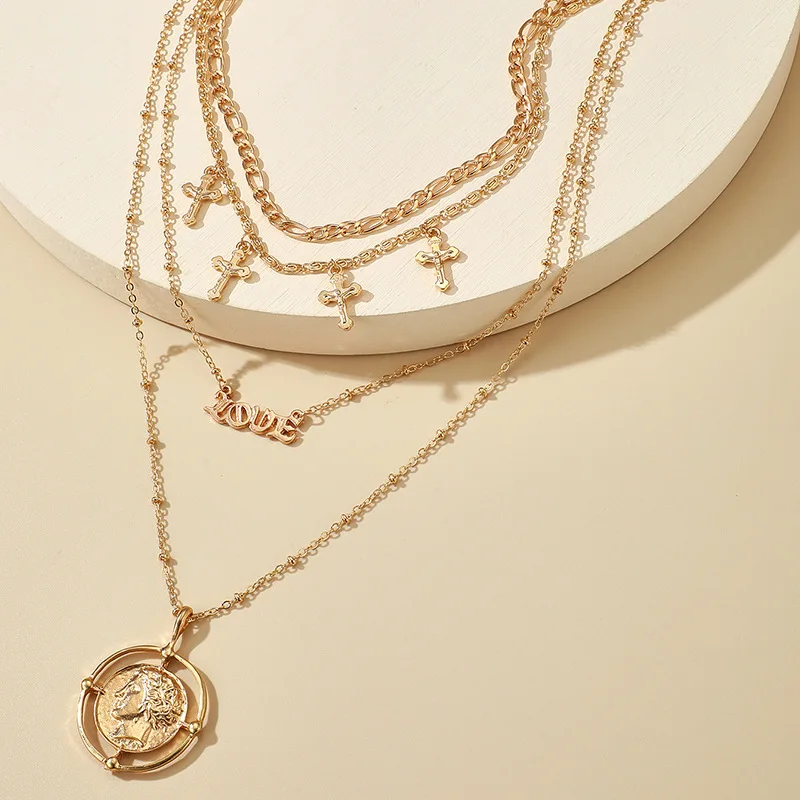 

Hot sell European American Gold Plated Cross choker LOVE letters Coins Sexy Multi-Layer Alloy Chain Coin Pendant Necklace
