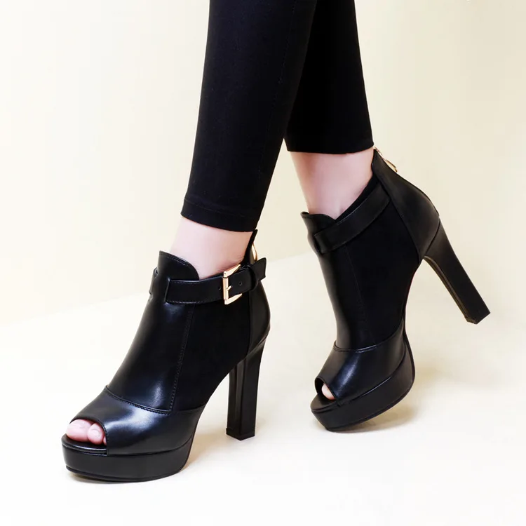 

Women Ankle Boots Autumn Spring Ladies Peep Toe Buckle Style Shoes Woman Black Pu Leather Thick High Heels Shoes CH-B0020