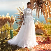 bayika2021 a line tulle elegant ivory princess boho lace wedding dress o neck long sleeves bridal gowns vestido de novia