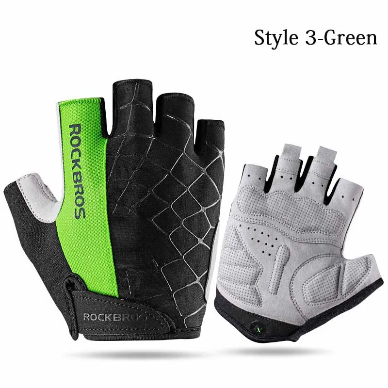 Style 3-Green ROCKBROS 5 цветов, велосипедные перчатки с полупальцами, силиконовый гель, утолщенная подкладка, анти-скольжение, противоударные, дышащие, MTB, шоссейные, велосипедные перчатки - Цвет: Style 3-Green