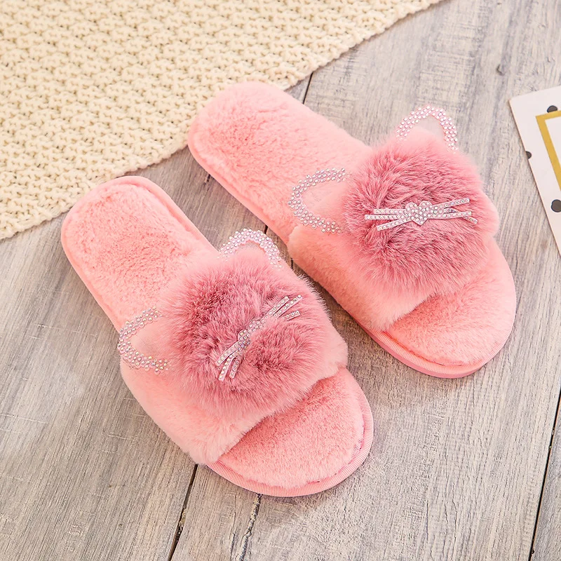 

Winter House Women Fur Slippers Fashion Cross Band Warm Plush Ladies Fluffy Shoes Cozy Open Toe Indoor Fuzzy Slides for Girls