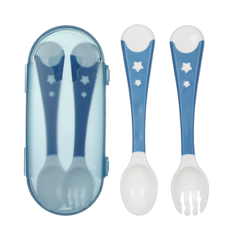 

2Pcs/Set Baby Feeding Safe Training SpoonToddler Babies Easy Grip Heat-Resistant Feeding Spoon Fork Set Baby Utensils