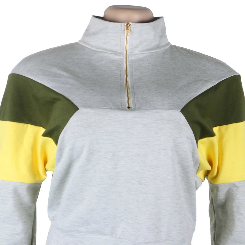 

Casaul Color Patchwork Suit Sportwear Jogging Femme Turn Down Collar With Zipper Sweatshirt Tops + Long Pants Autumn And Winter