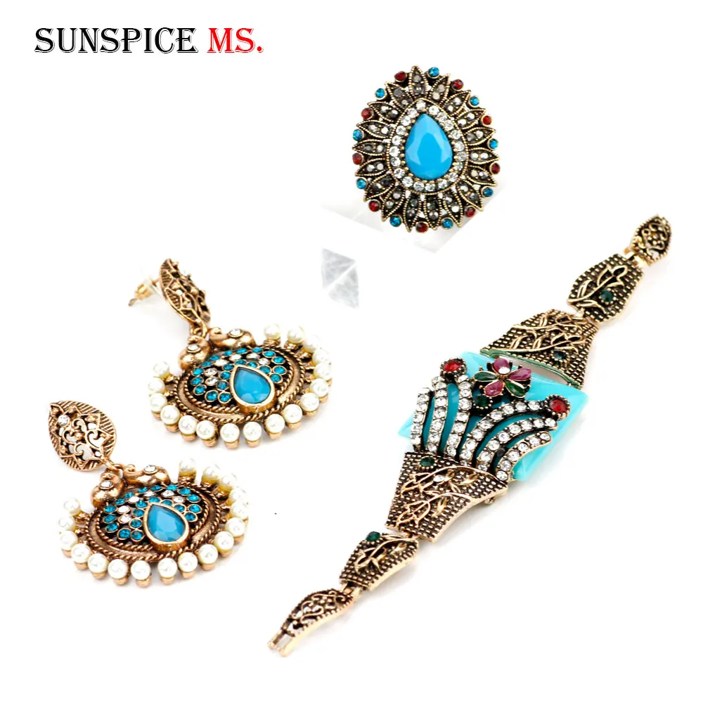 SUNSPICE MS античное серебро цветной цветок браслет кольцо серьги наборы для женщин