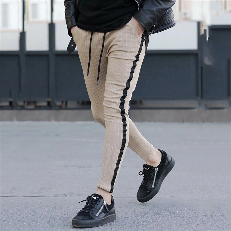 

Men Slim Fit New Pencil Pants Urban Striped Trousers Male Fashion Sid Strip Casual Joggers Stylish Long Pants Drawstring Men