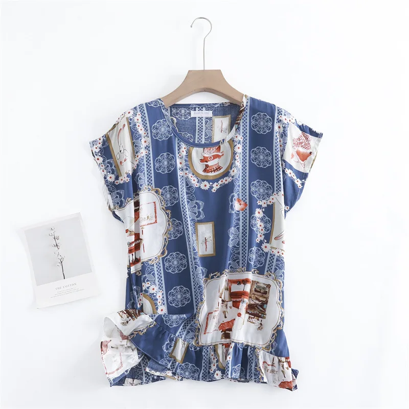 

Summer Short Sleeve Pajamas for Women Rayon Print Sleepwear Round Neck Loungewear 2 Piece Set Loose and Soft Home Clothes 2021
