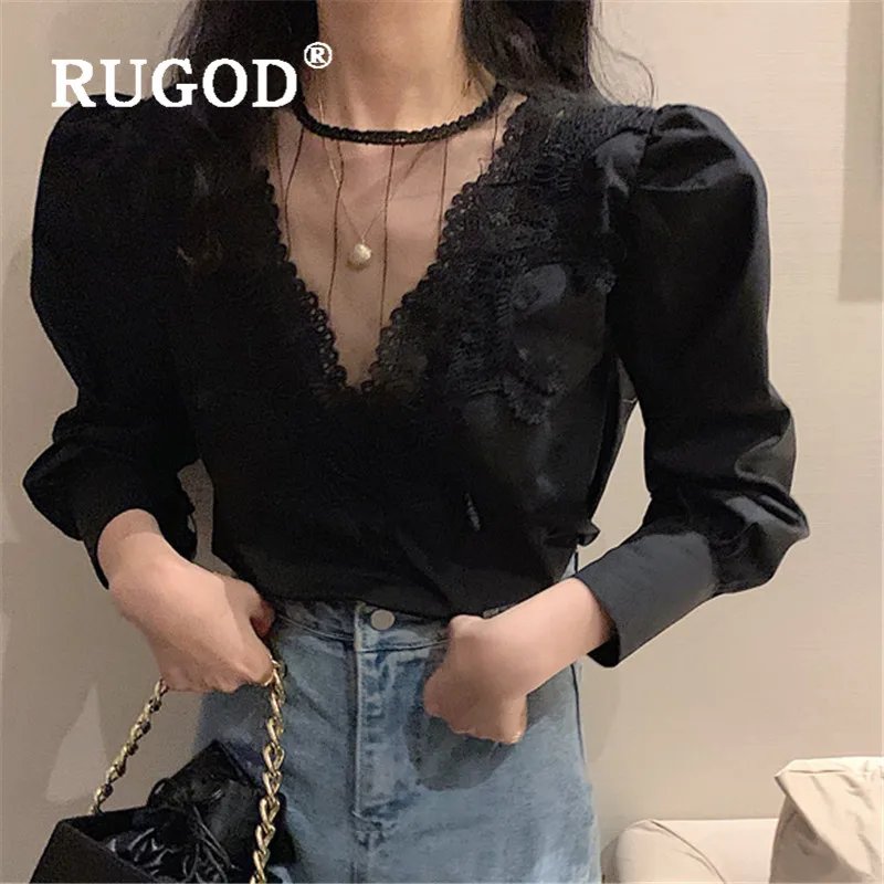 RUGOD кружевная блузка с пышными рукавами женские блузки длинным рукавом