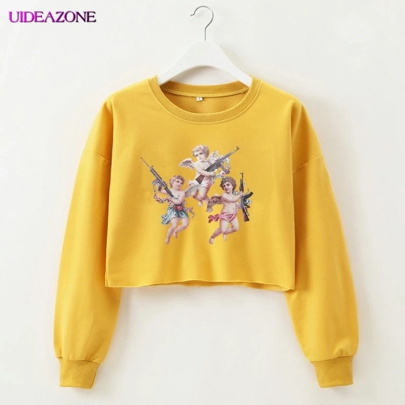 Милые женские толстовки с принтом ангела укороченные топы длинным рукавом и