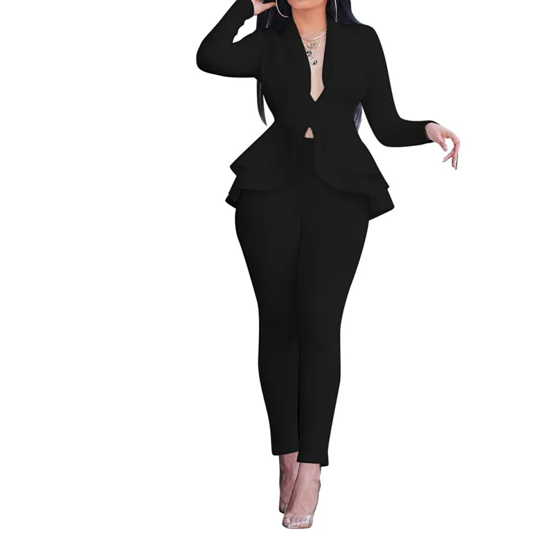 

2021 Women Winter Women's Set Tracksuit Full Sleeve Ruffles Blazers Pencil Pants Suit Two Piece Set Office Lady Outfits Uniform