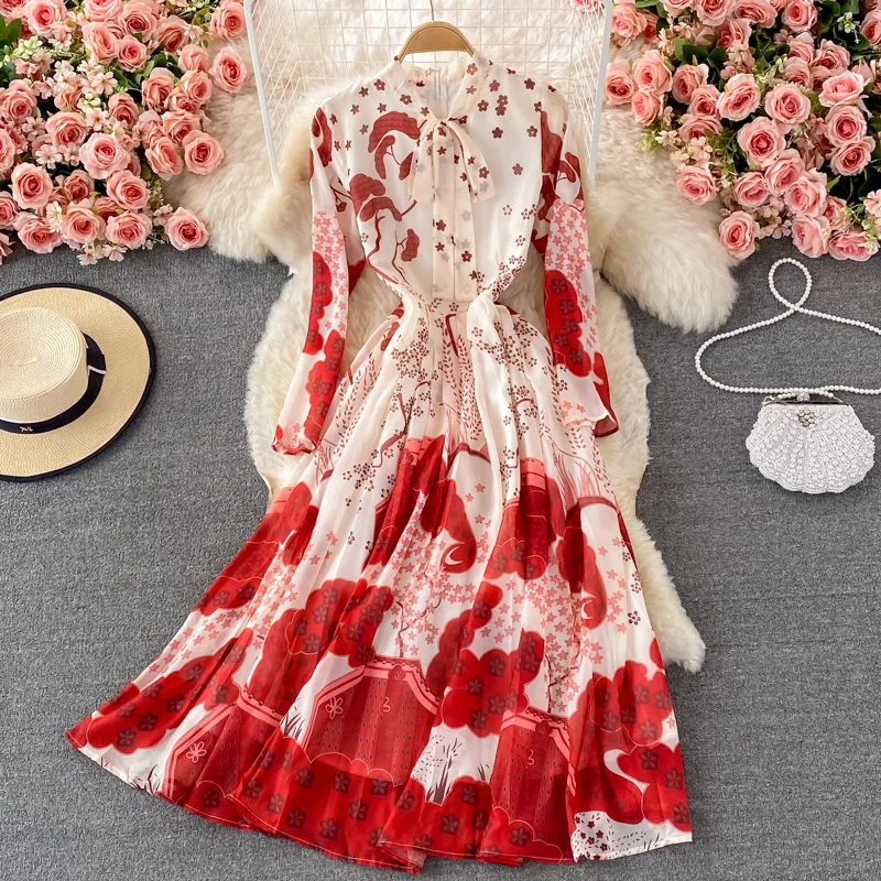 

2021 autumn new high-end light luxury Celebrity loose bow tie lace print dress elegant long dress