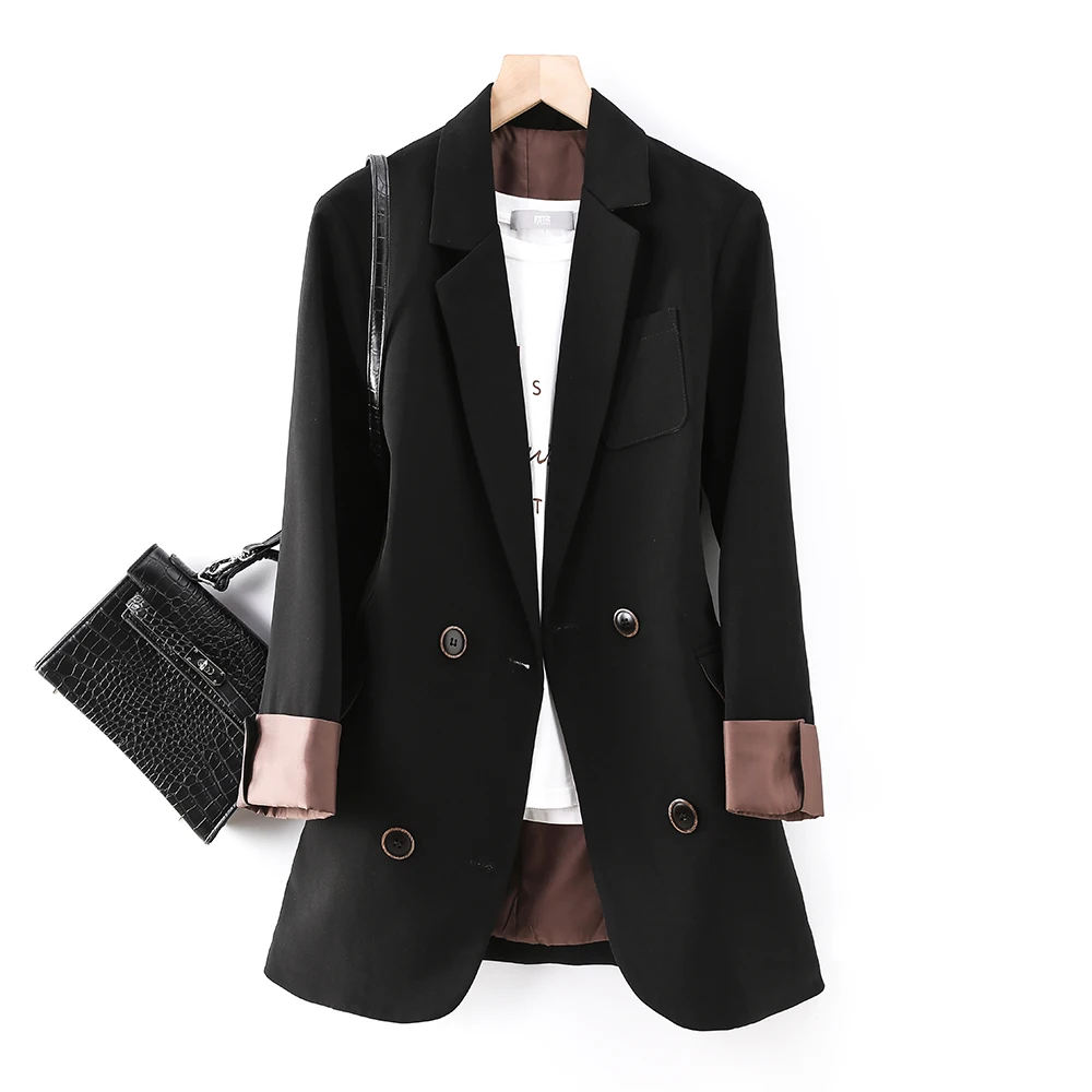 

Повседневный женский черный блейзер с карманами, высокое качество, женская модная Свободная куртка, пальто на весну, осень, зиму