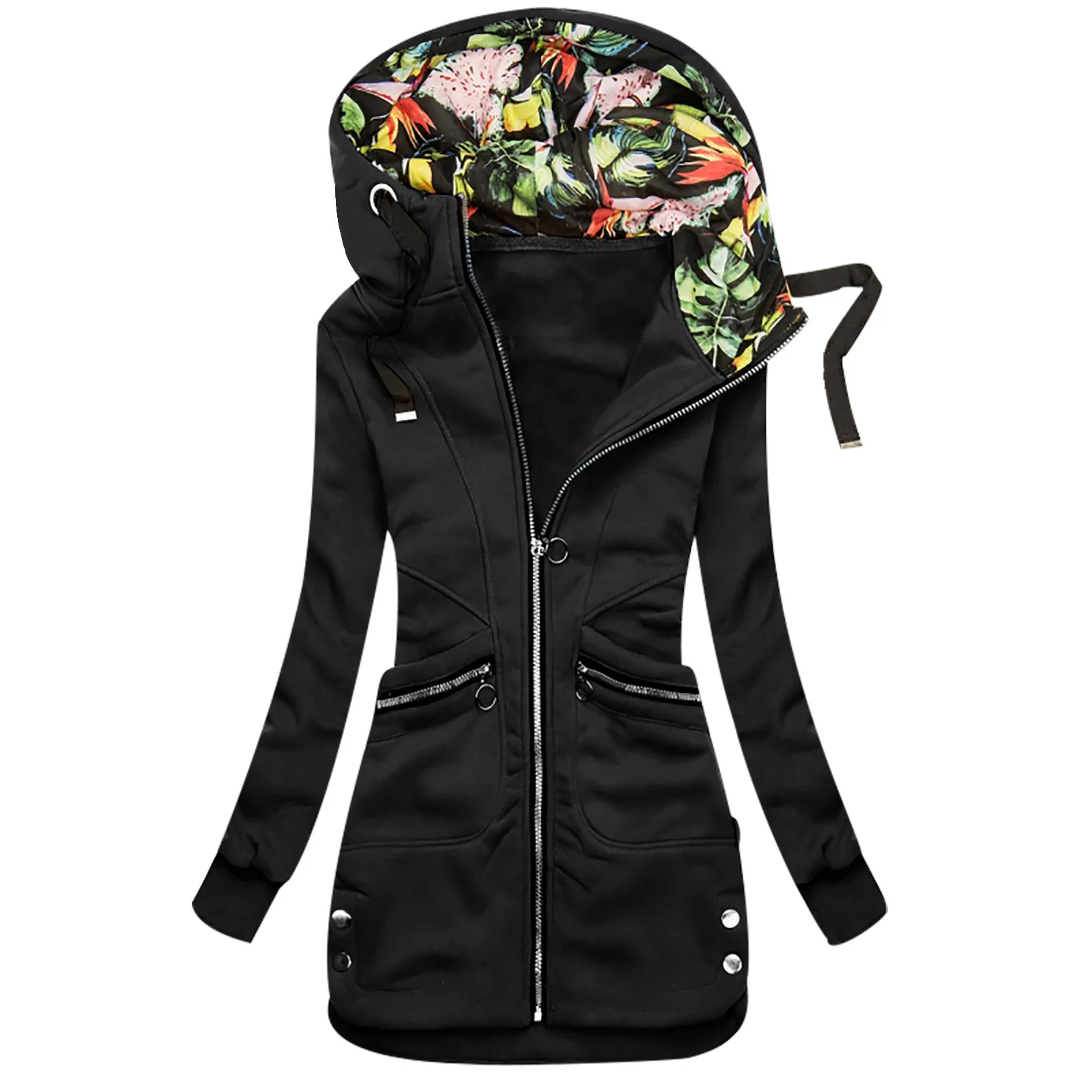 売る 女性暖かいコート花柄パーカージッパーポケットスウェットシャツジャケットオーバーコートロングアウター女性パーカープラスサイズJ60
