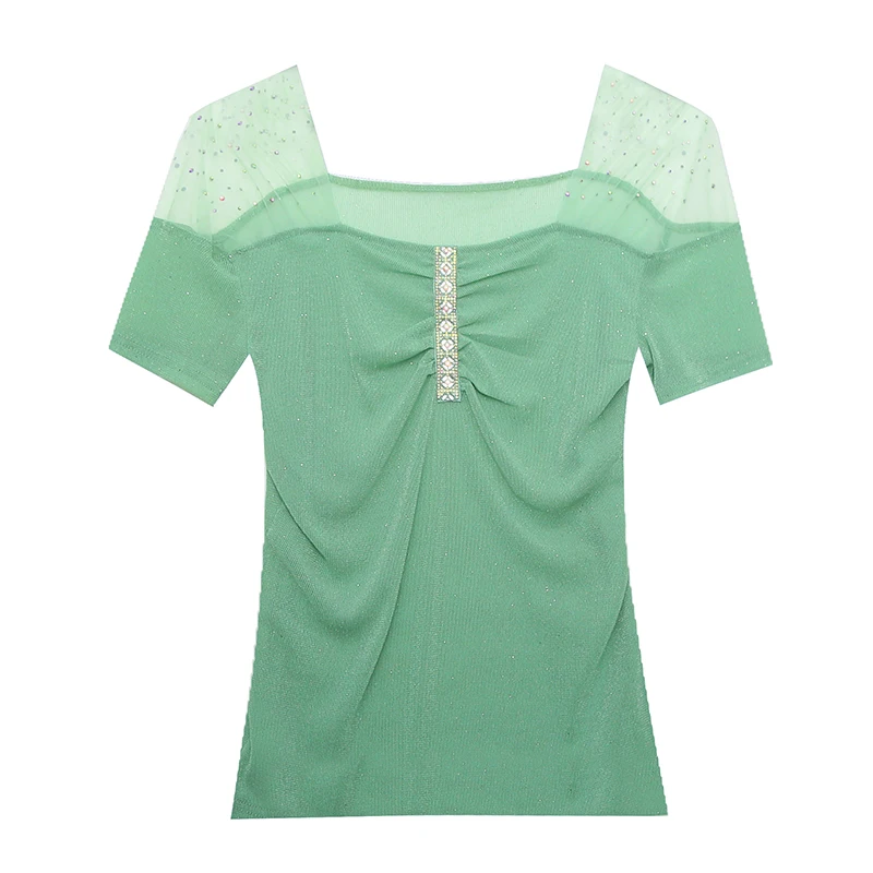 

Make summer new cultivate one's morality show thin design feeling round collar hot drill back short sleeve small unlined upper g