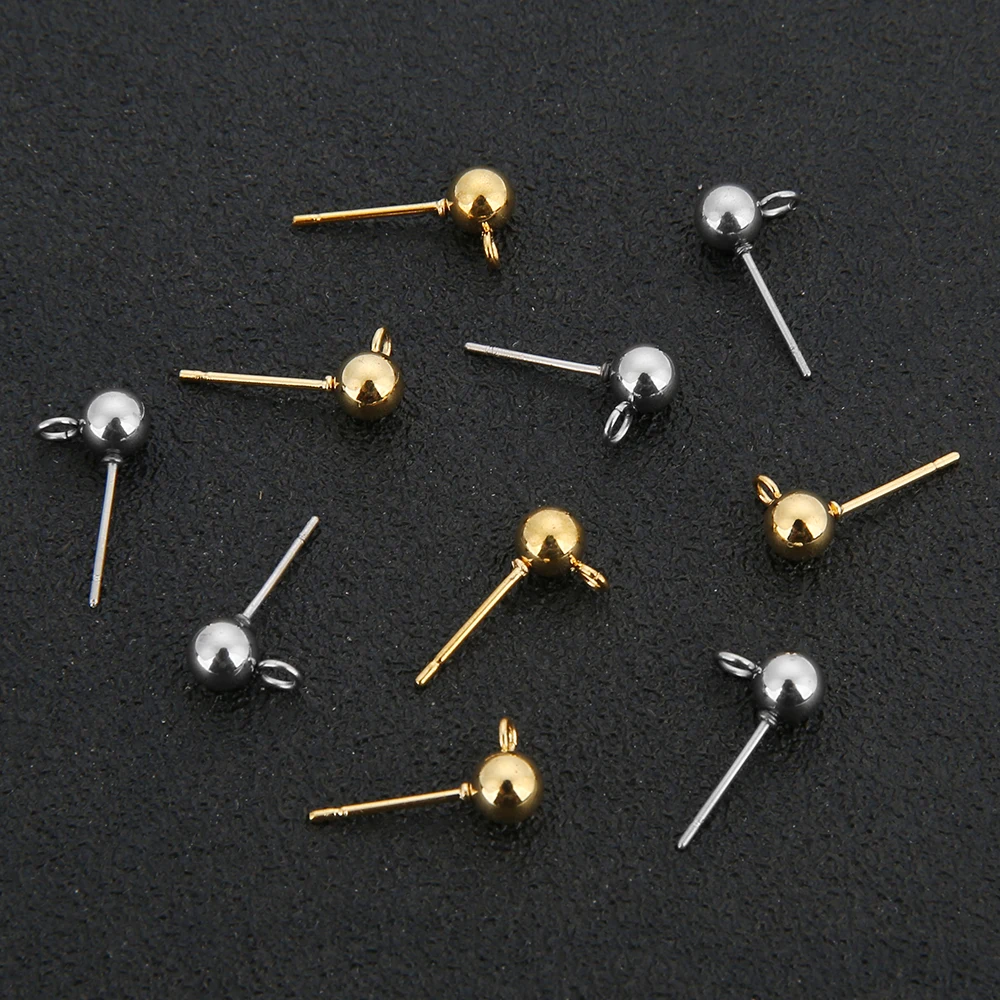 20pcs/lot 316L Stainless Steel Hypoallergenic 3 4 5 6mm Round Ball Earring Post Stud with Loop Fit DIY Earring Jewelry Making