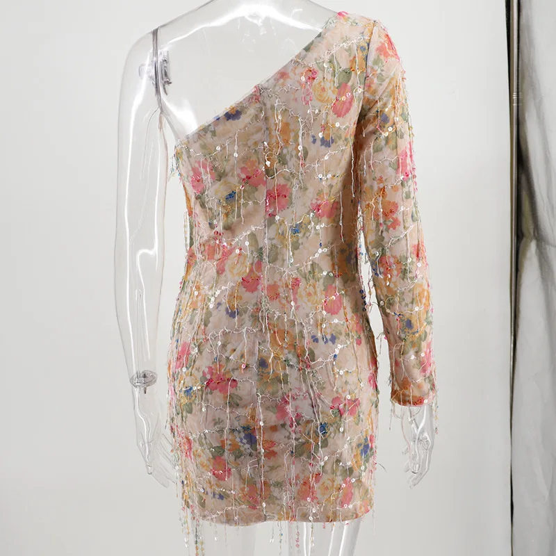 

free shipping 2020 joocar sexy one shoulder sleeve tassel sequin bodycon dress JC1114