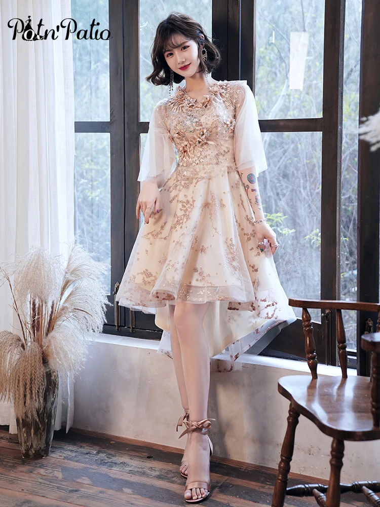 

Champagne High Low Prom Dresses2020 V-neck With Cap Sleeves Luxury Flower Appliques Glitter Homecoming Dresses